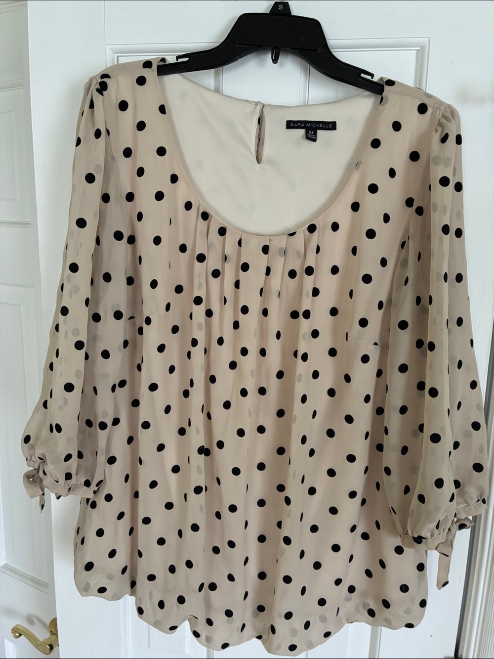 Sara Michelle Beige and Black Polka Dot Blouse - Scoop Neck, 3/4 Sleeve - Picture 3 of 7